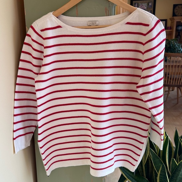 J. Crew Women’s Striped 100% Cotton Side Zip Boatneck Sweater Red White Medium - Picture 2 of 16